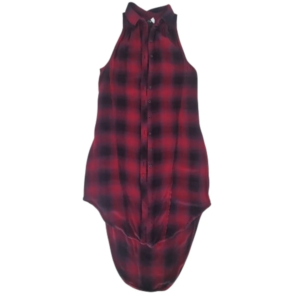BDG Burgundy and Black Plaid Extra Long Sleeveless Button Up Shirt Dress XS 90s